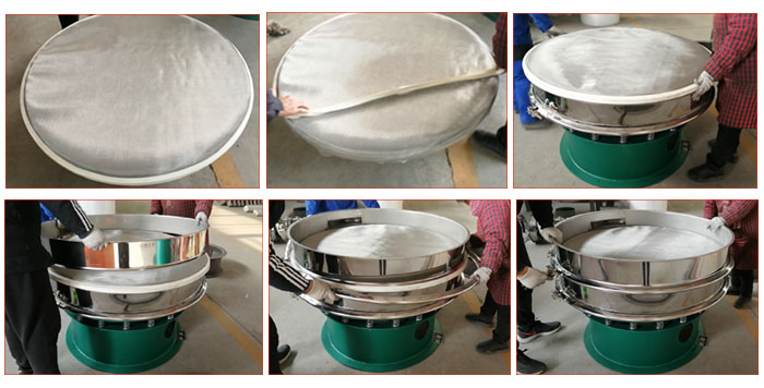 食品振動篩網安裝步驟3，將密封圈安裝到網架周圍，將篩框放到網架上，并利用束環將上下兩層篩框固定在一起。