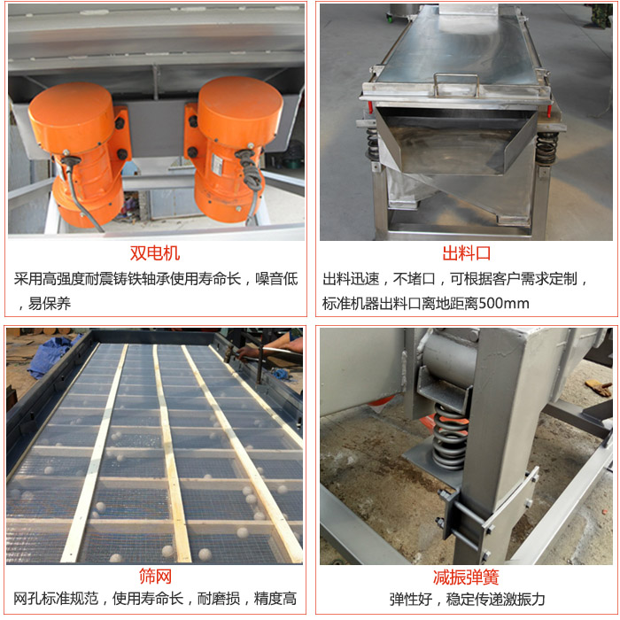 線振動(dòng)篩配件優(yōu)勢：雙電機(jī)采用高強(qiáng)度耐震鑄鐵軸承使用壽命長，噪音低，易保養(yǎng)，出料口：出料迅速，不堵口，可根據(jù)客戶需求定制標(biāo)準(zhǔn)機(jī)器出料口離地距離500mm。篩網(wǎng)：網(wǎng)孔標(biāo)準(zhǔn)規(guī)范，使用壽命長，耐磨損，精度高。減震彈簧彈性好，穩(wěn)定傳遞激振力。