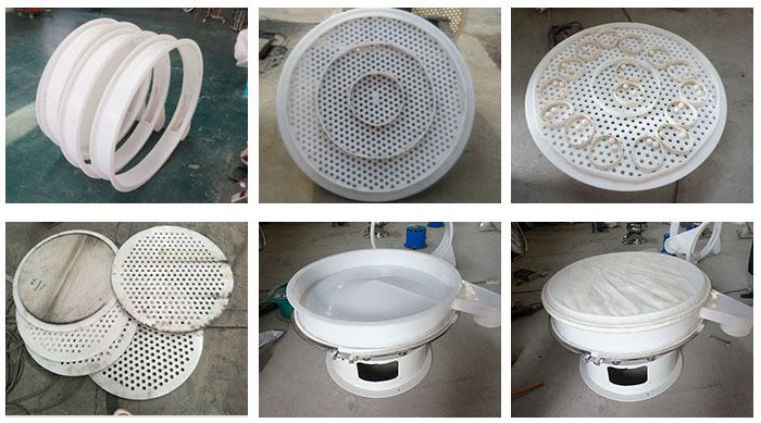 塑料防腐旋振篩配件：振動篩底座，篩框，防塵蓋，篩網，振動電機座。