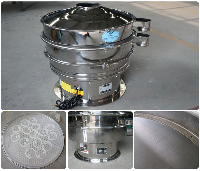 1000型全不銹鋼振動篩細節(jié)展示：振動篩網(wǎng)，震動篩底座，振動篩篩網(wǎng)。