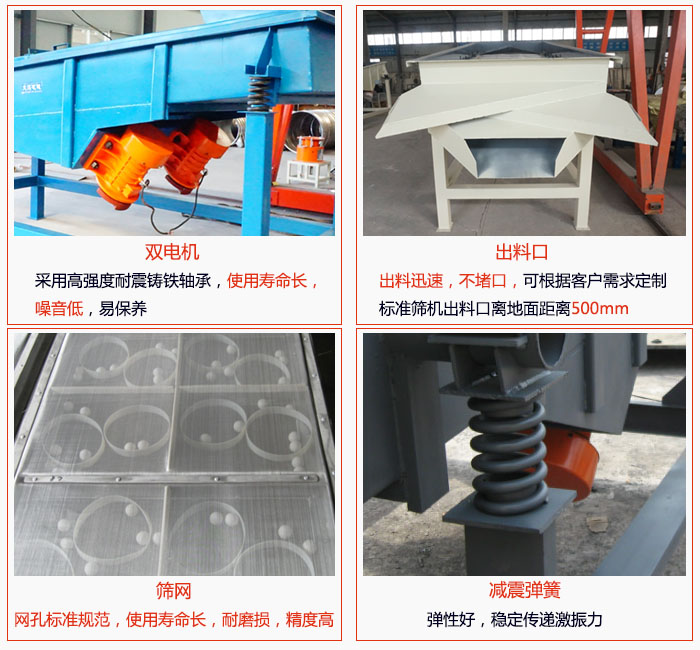 1030直線振動篩雙電機采用高強度耐震鑄鐵軸承使用壽命長、噪音低，易保養(yǎng)；出料口排料迅速，不堵口，可根據(jù)客戶需求定制，標準機器出料口離地面距離500mm;篩網(wǎng)網(wǎng)孔標準規(guī)范、使用壽命長，耐磨損、精度高；減震彈簧：彈性好，穩(wěn)定傳遞激振力。