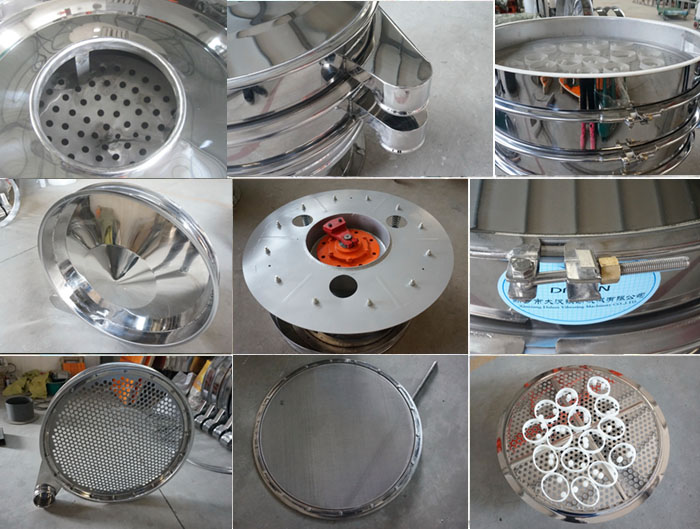 里外剖光振動篩細節(jié)：防塵蓋拋光效果，篩框拋光效果，振動篩底座拋光效果，振動篩網(wǎng)架拋光效果等。