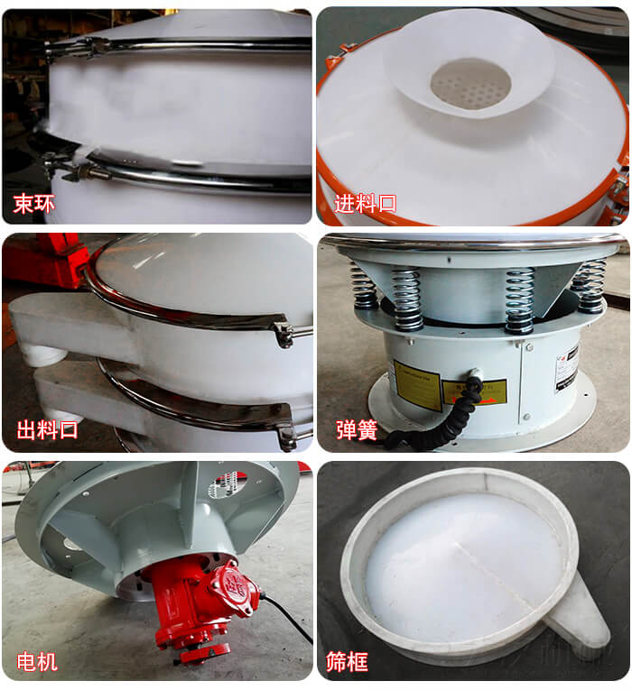 塑料防腐蝕振動(dòng)篩細(xì)節(jié):進(jìn)料口，框體，網(wǎng)架底框，出料口等。