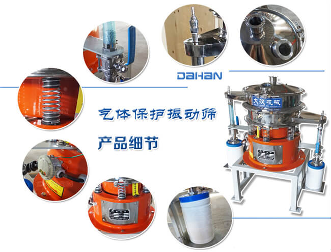 氣體保護振動篩細節(jié)：振動彈簧，手動閥門，料罐等。