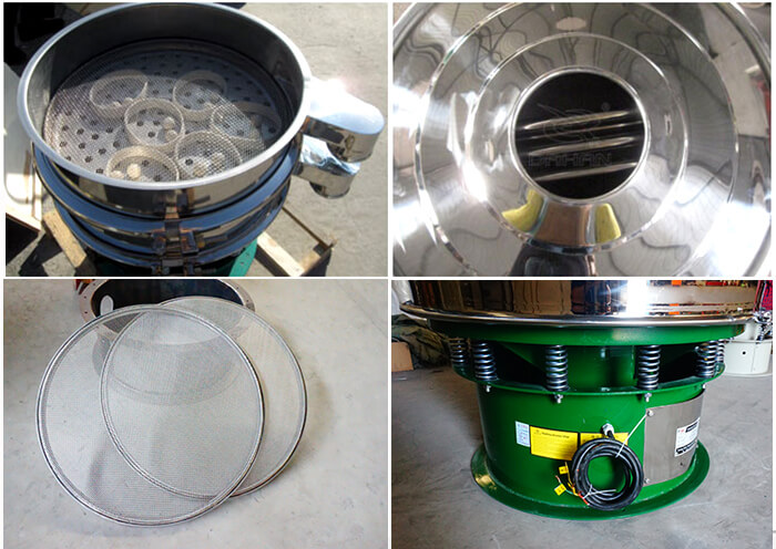 單層振動篩細(xì)節(jié)：篩網(wǎng)，進(jìn)料口，振動彈簧，彈跳球。